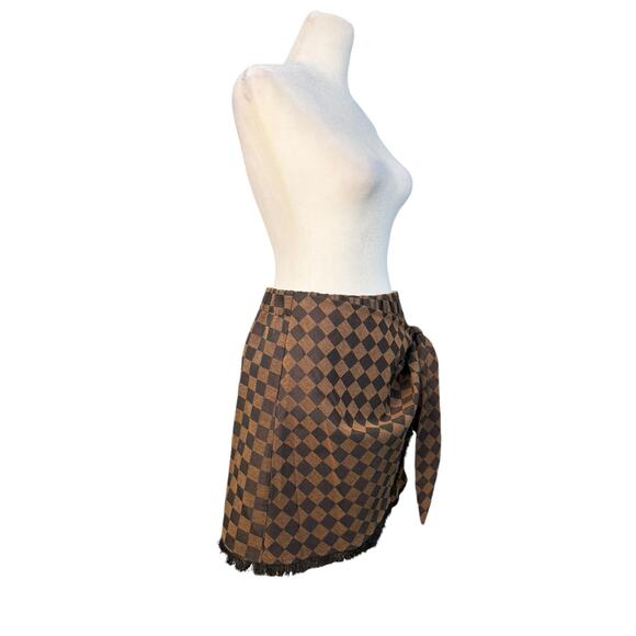 Judith March Check Mate Brown Jacquard Wrap Skirt Women’s Medium Plaid Fringe - Picture 7 of 10